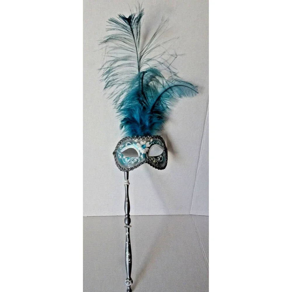 Beautiful Venetian Hand Painted Mask Venice Feathers Blue Masquerade with Handle